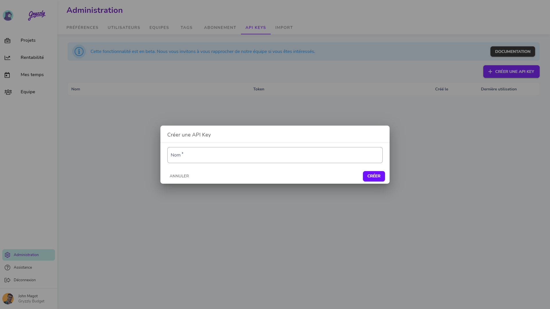 Administration : création d'une clé API