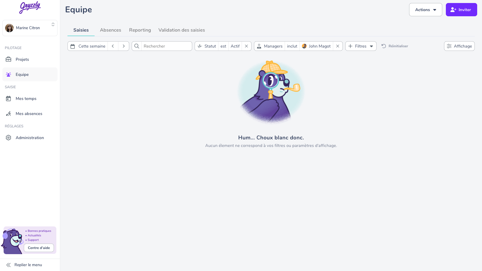 Vue équipe vide pour le chef de projet