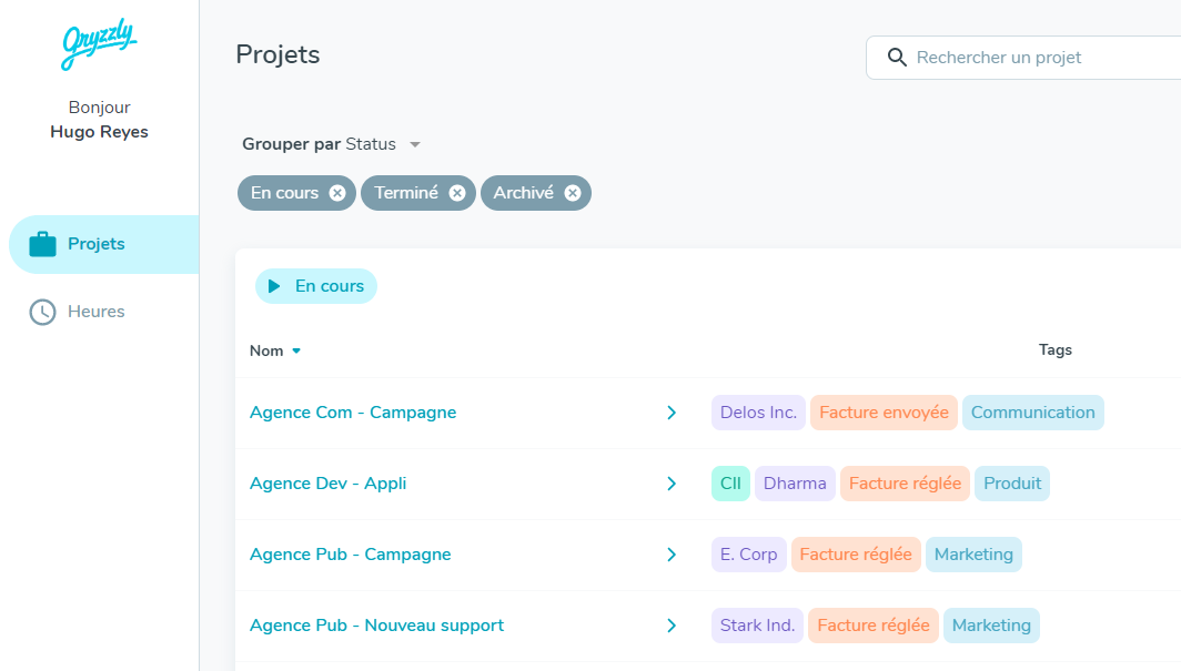 Aperçu des tags sur vos projets
