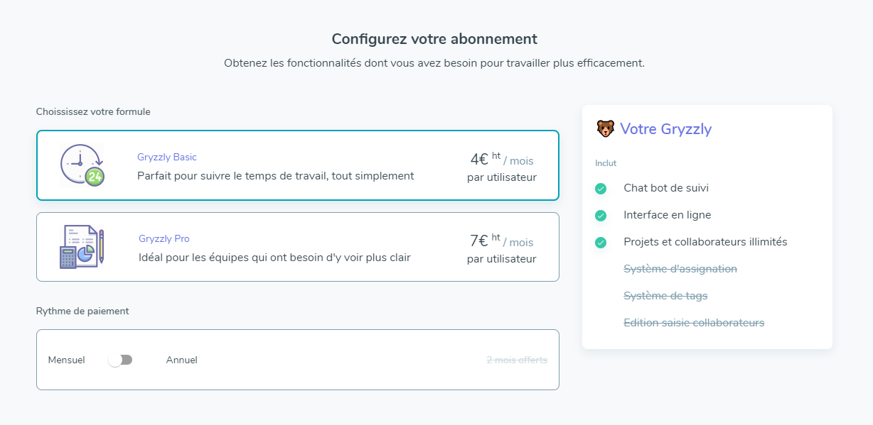 Tarification des abonnements Gryzzly