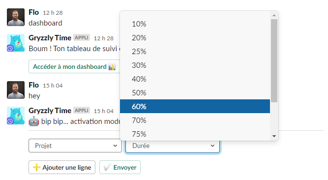 Saisie des heures en pourcentages dans le bot