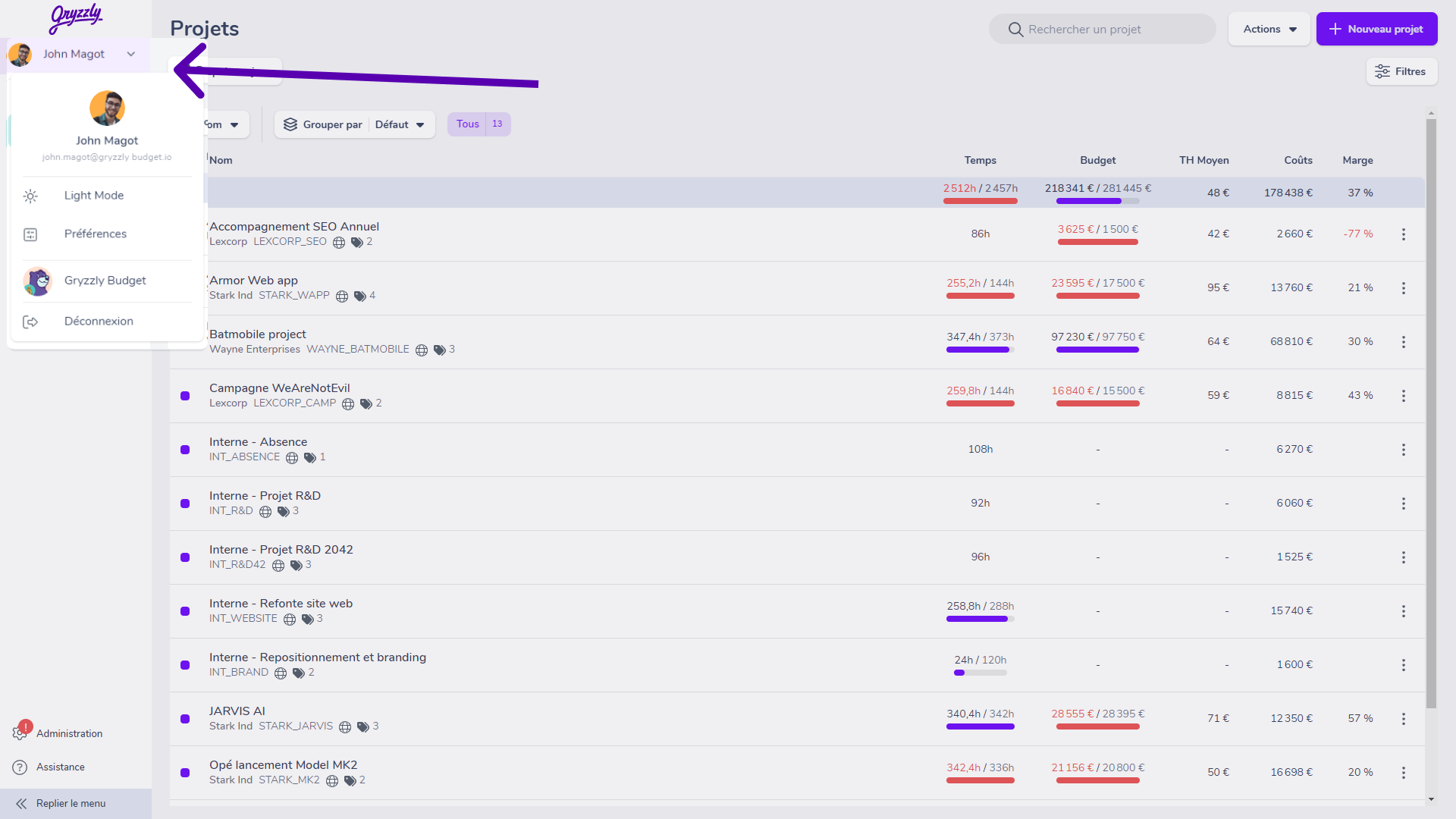 trouver le menu profil utilisateur