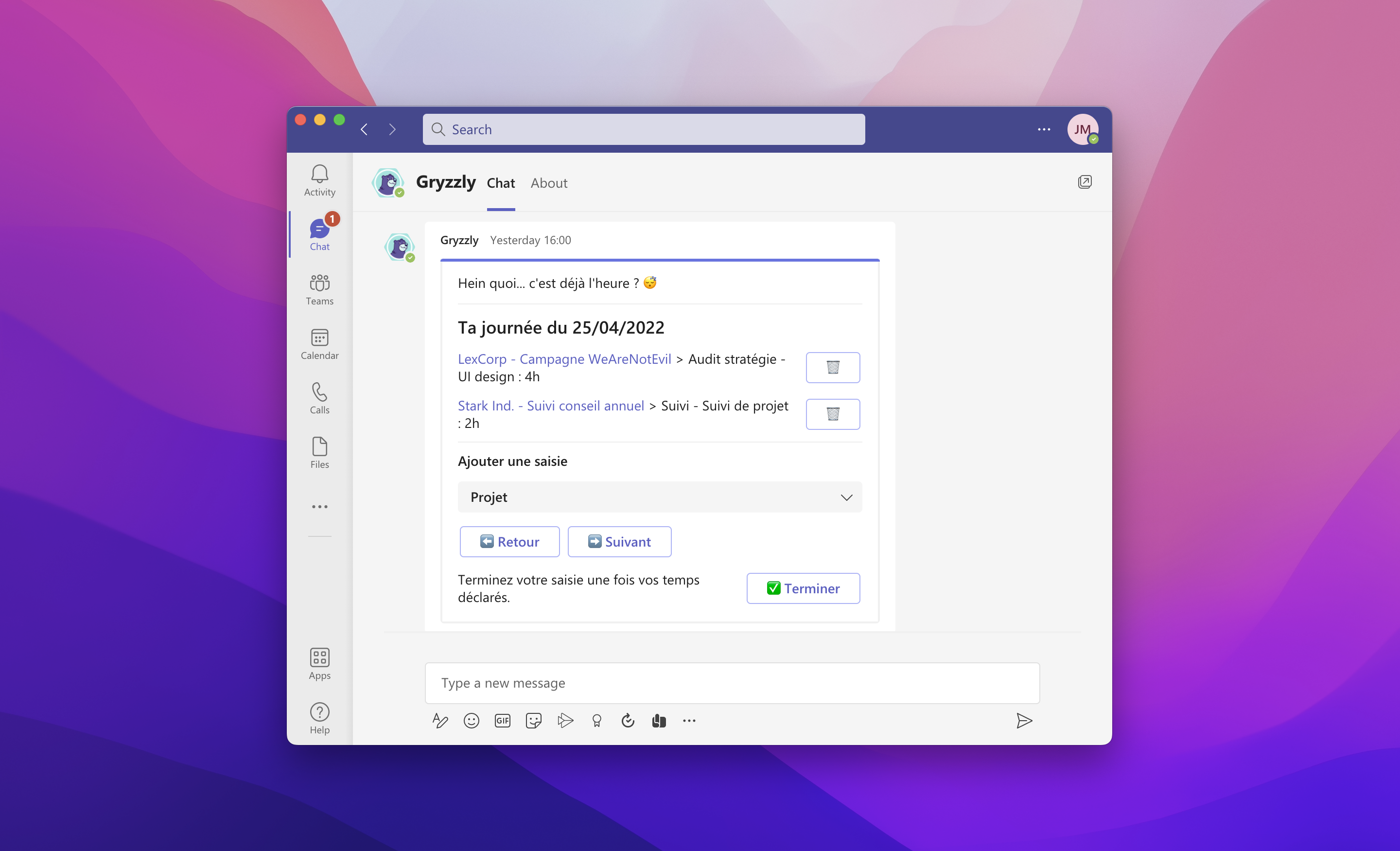 Message Gryzzly sur Teams