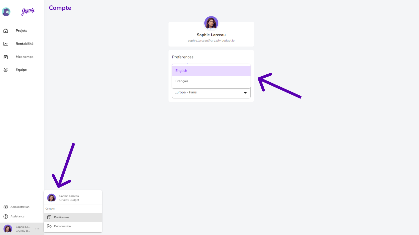 Changement de la langue dans Gryzzly