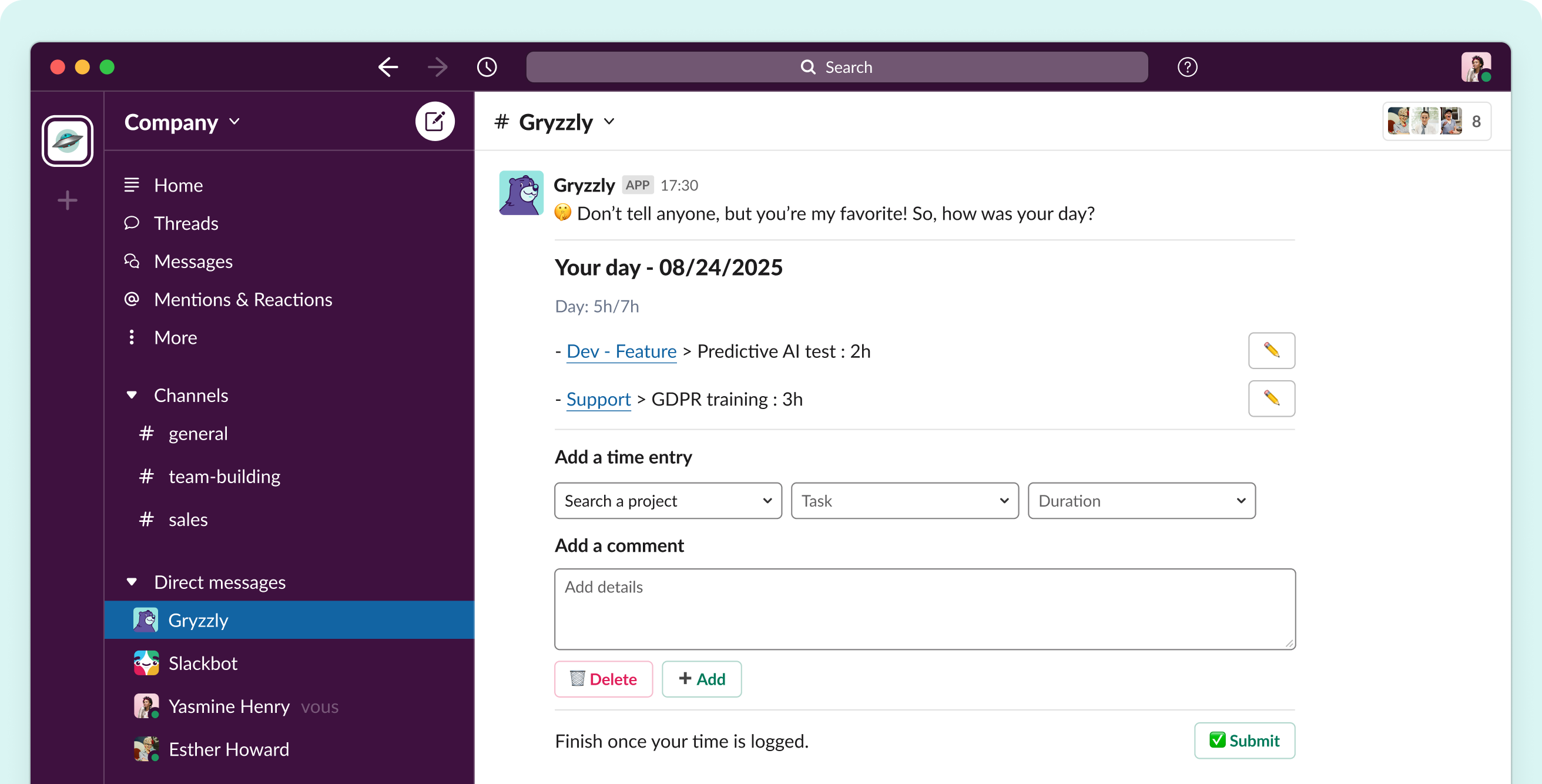 Gryzzly interface in Slack