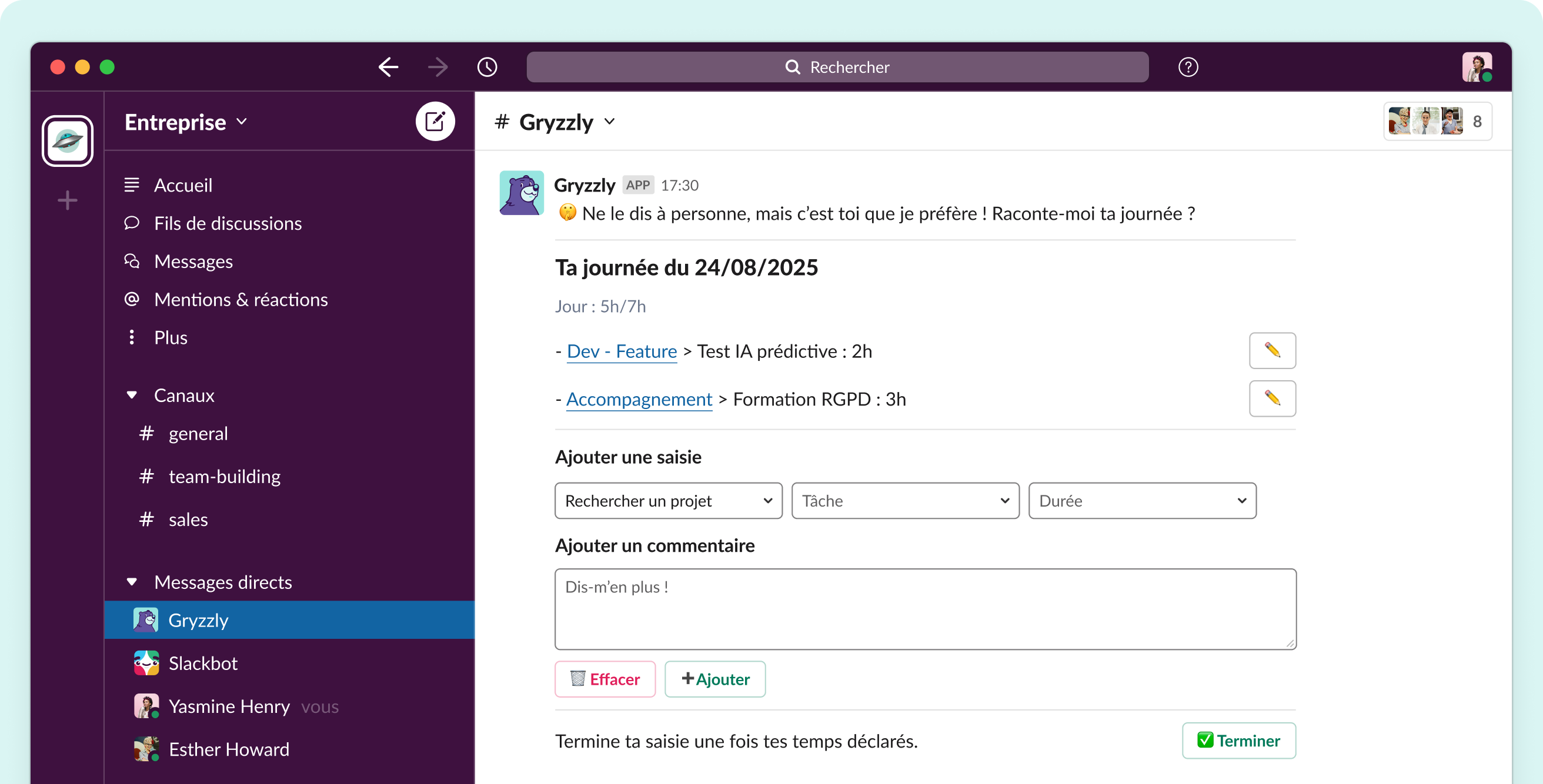 Interface de Gryzzly dans Slack