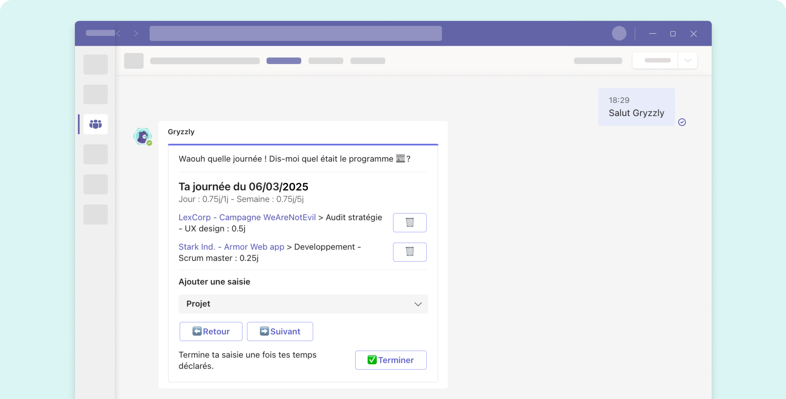Interface de Gryzzly dans Teams