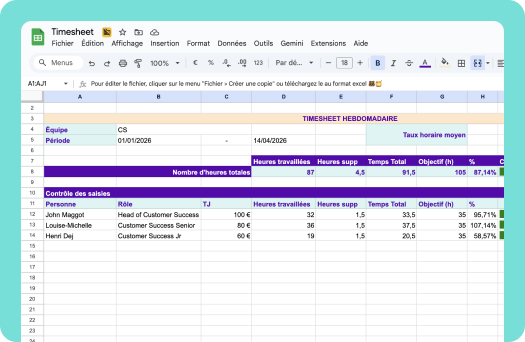 Aperçu du modèle de fiche de temps