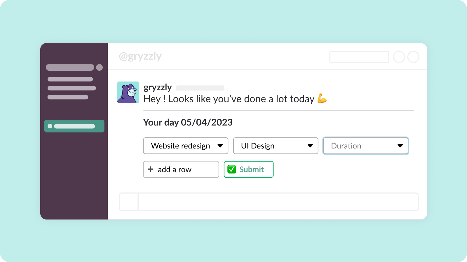 Illustration of a time declaration message sent by Gryzzly in Slack