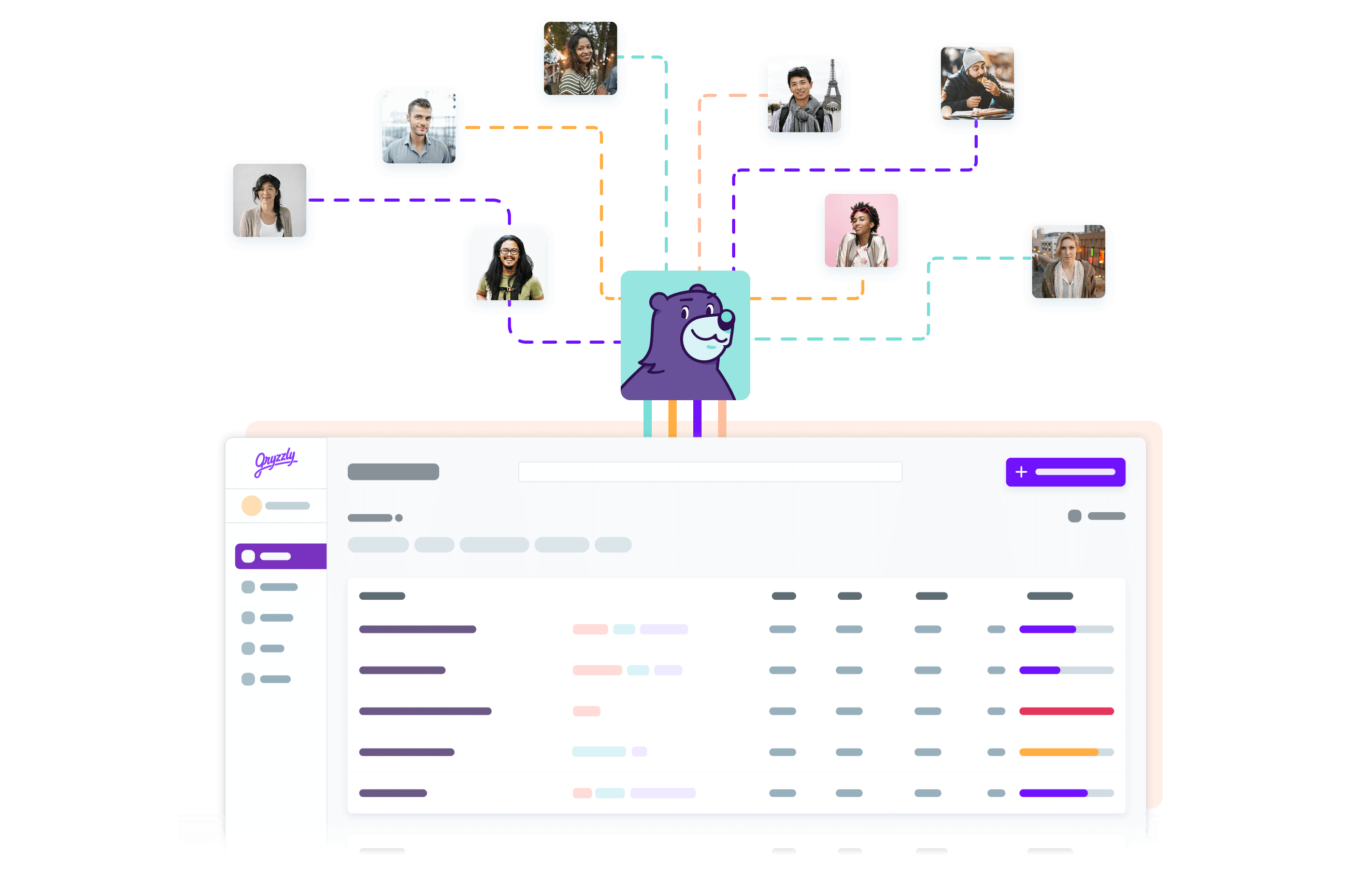 Illustration of multiple human avatar connected by Gryzzly mascot to Gryzzly dashboard