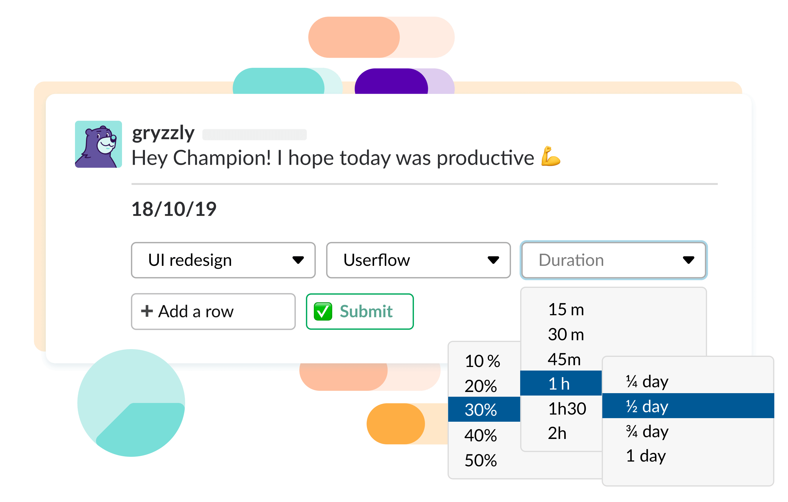 Illustration of a time declaration message with multiple time units proposed for the duration (hours, percent, days)